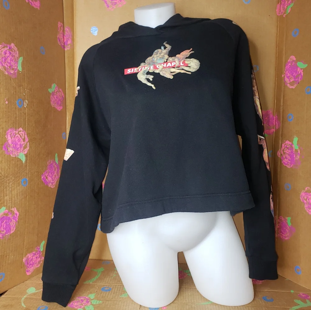 ZARA WOMAN SISTINE CHAPEL CROPPED BLACK SWEATSHIRT HOODIE SIZE MEDIUM - Picture 5 of 13